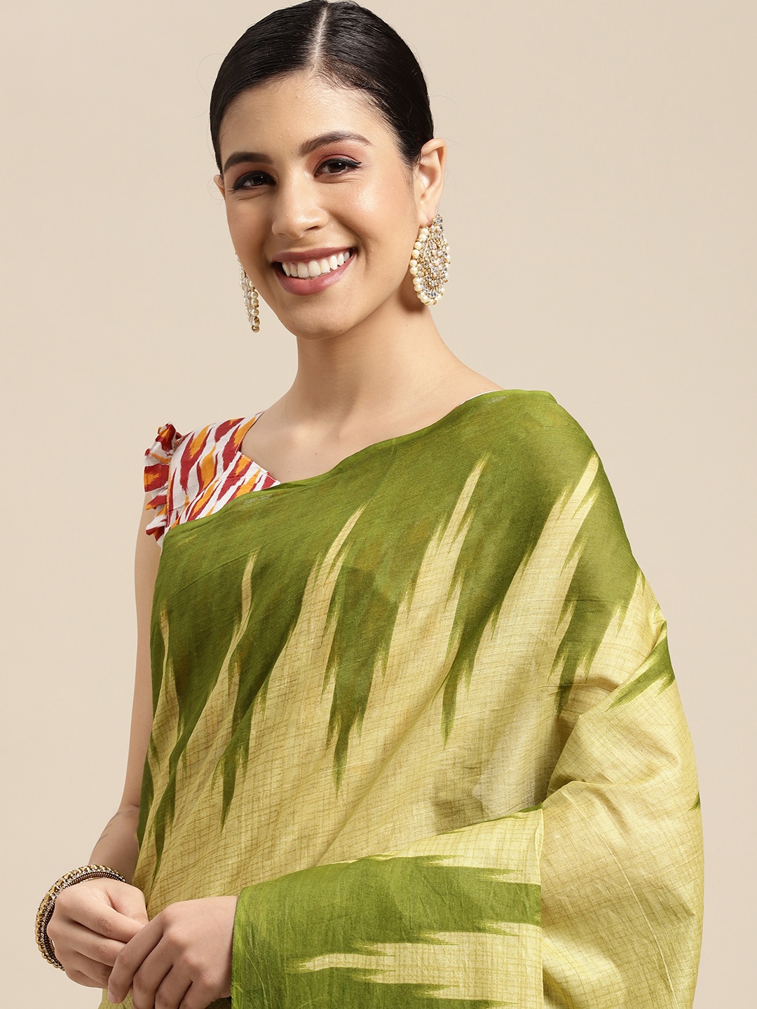 

SIRIL Olive Green & Beige Geometric Print Cotton Saree