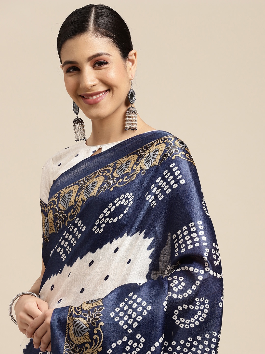 

SIRIL White & Navy Blue Bandhani Silk Cotton Saree