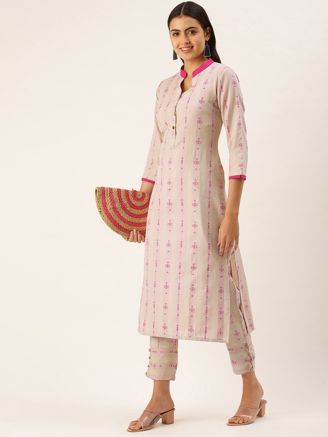 Saanjh Women Beige Woven Design Pure Cotton Kurta with Trousers