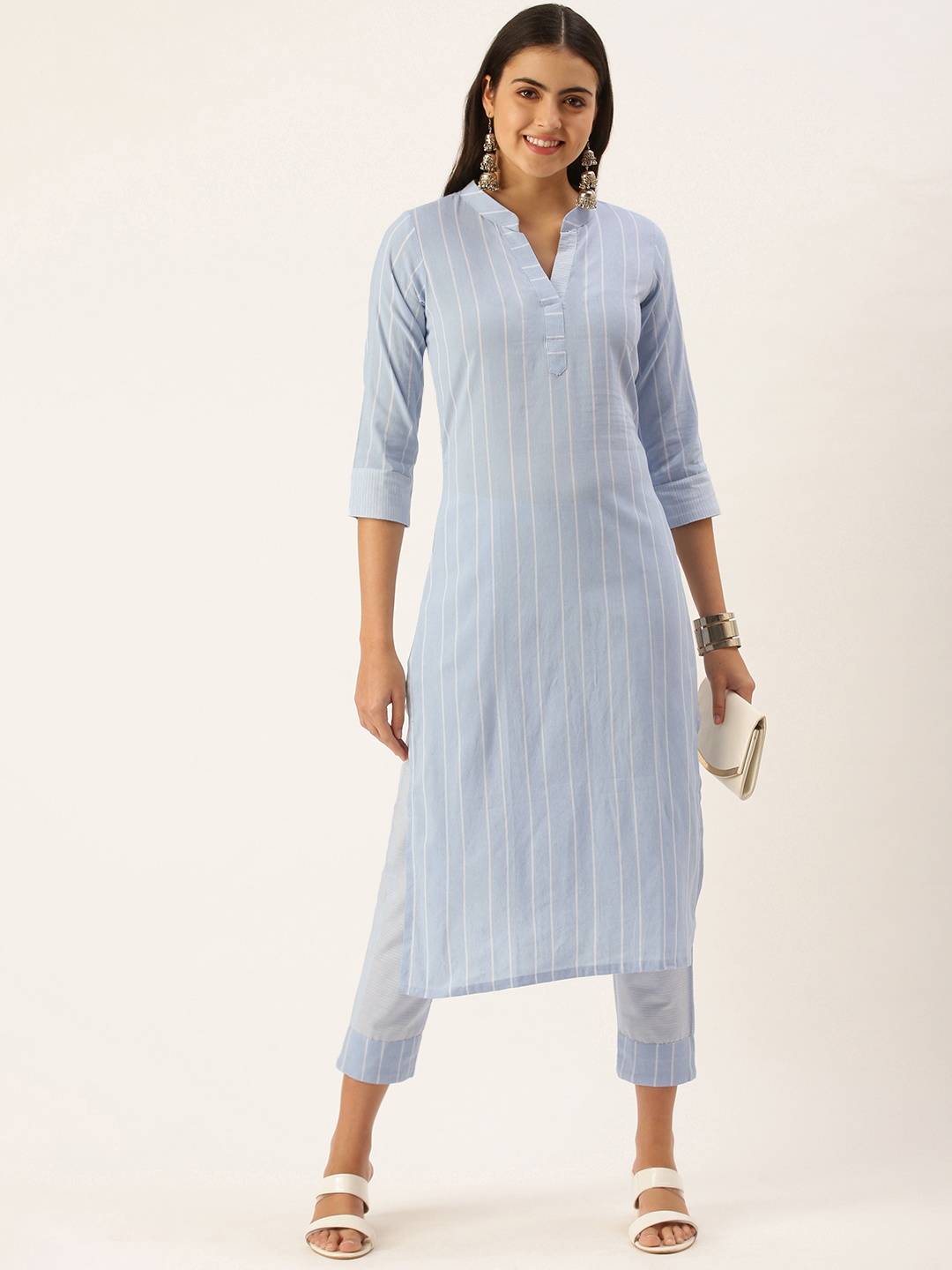 

Saanjh Women Blue Striped Pure Cotton Kurta with Trousers