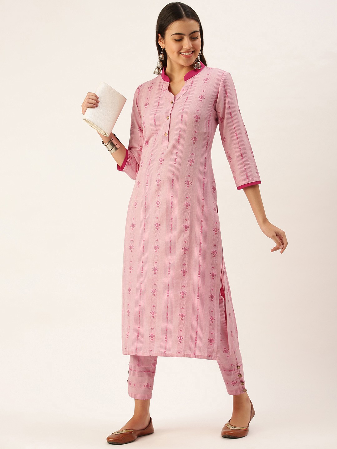 

Saanjh Women Pink Woven Design Pure Cotton Kurta with Trousers