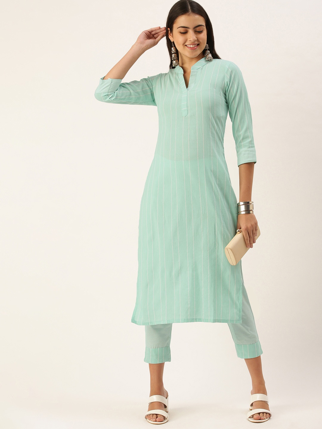 

Saanjh Women Turquoise Blue Striped Pure Cotton Kurta with Trousers