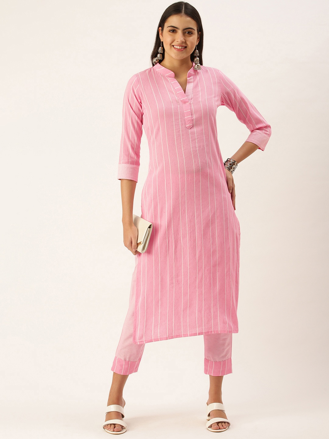 

Saanjh Women Pink Striped Pure Cotton Kurta with Trousers
