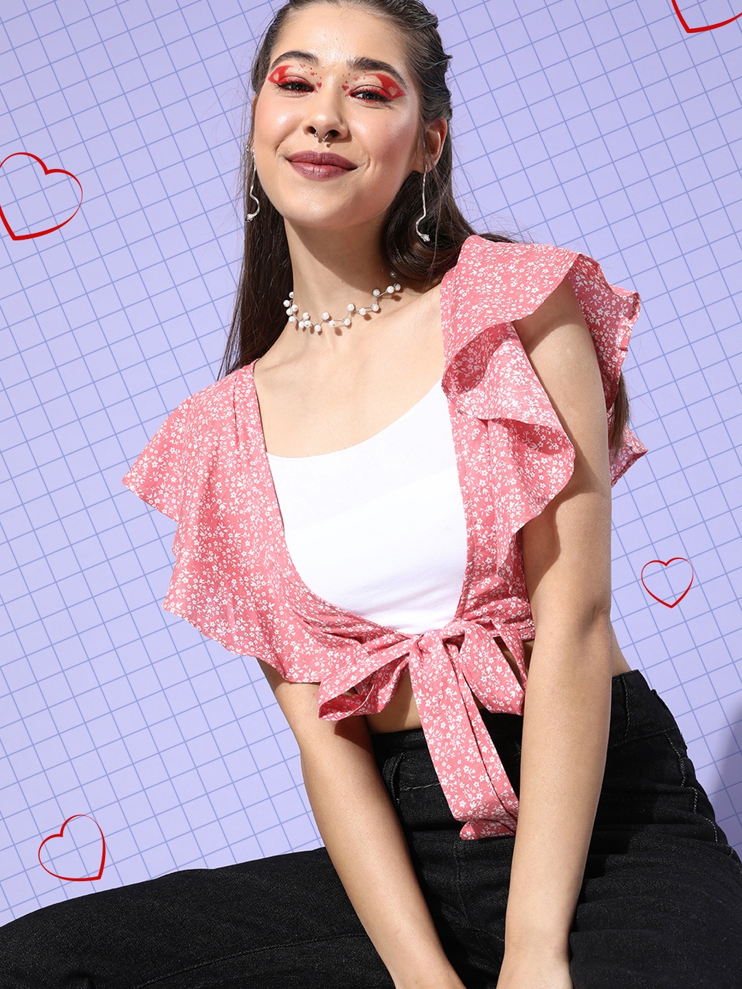 

Sera Peach-Coloured & White Floral Print Flutter Sleeves Crop Top