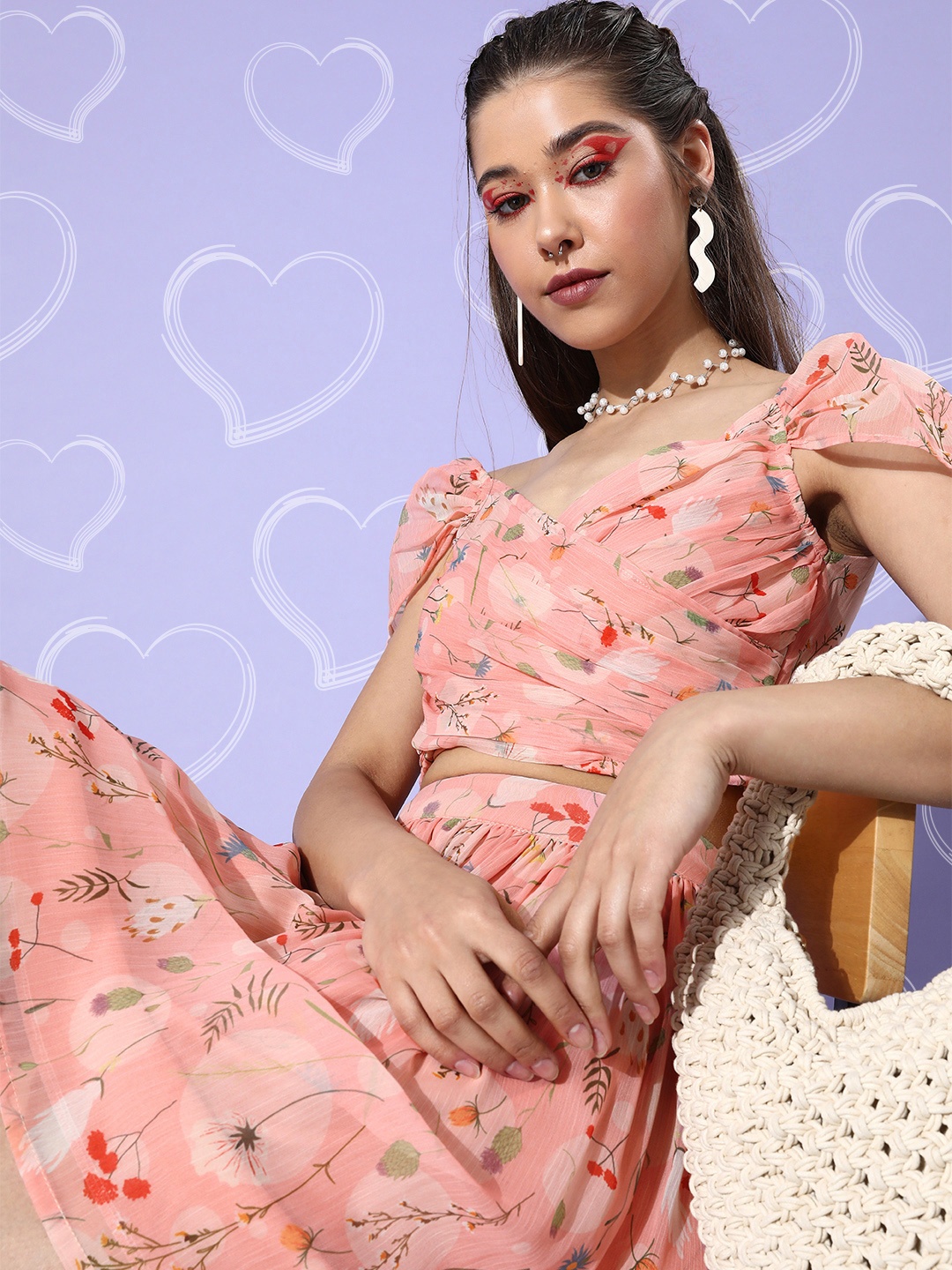 

Sera Women Coral Printed Top with Skirt