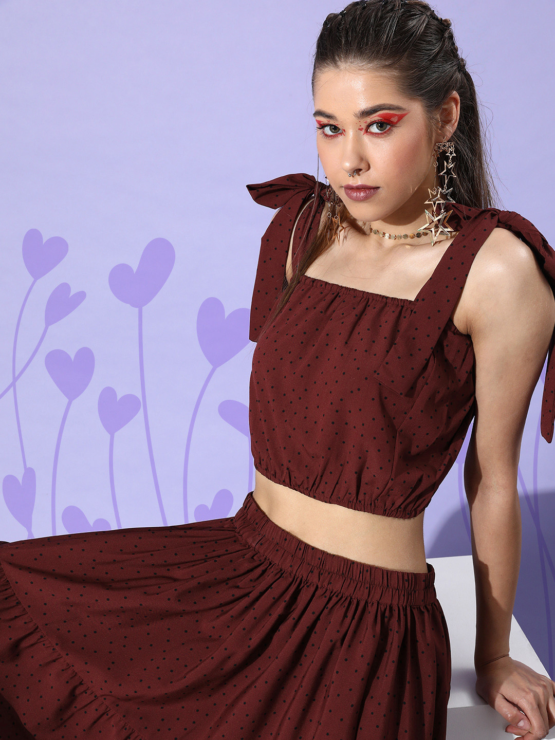 

Sera Women Burgundy Printed Crop Top With Tiered Maxi Skirt