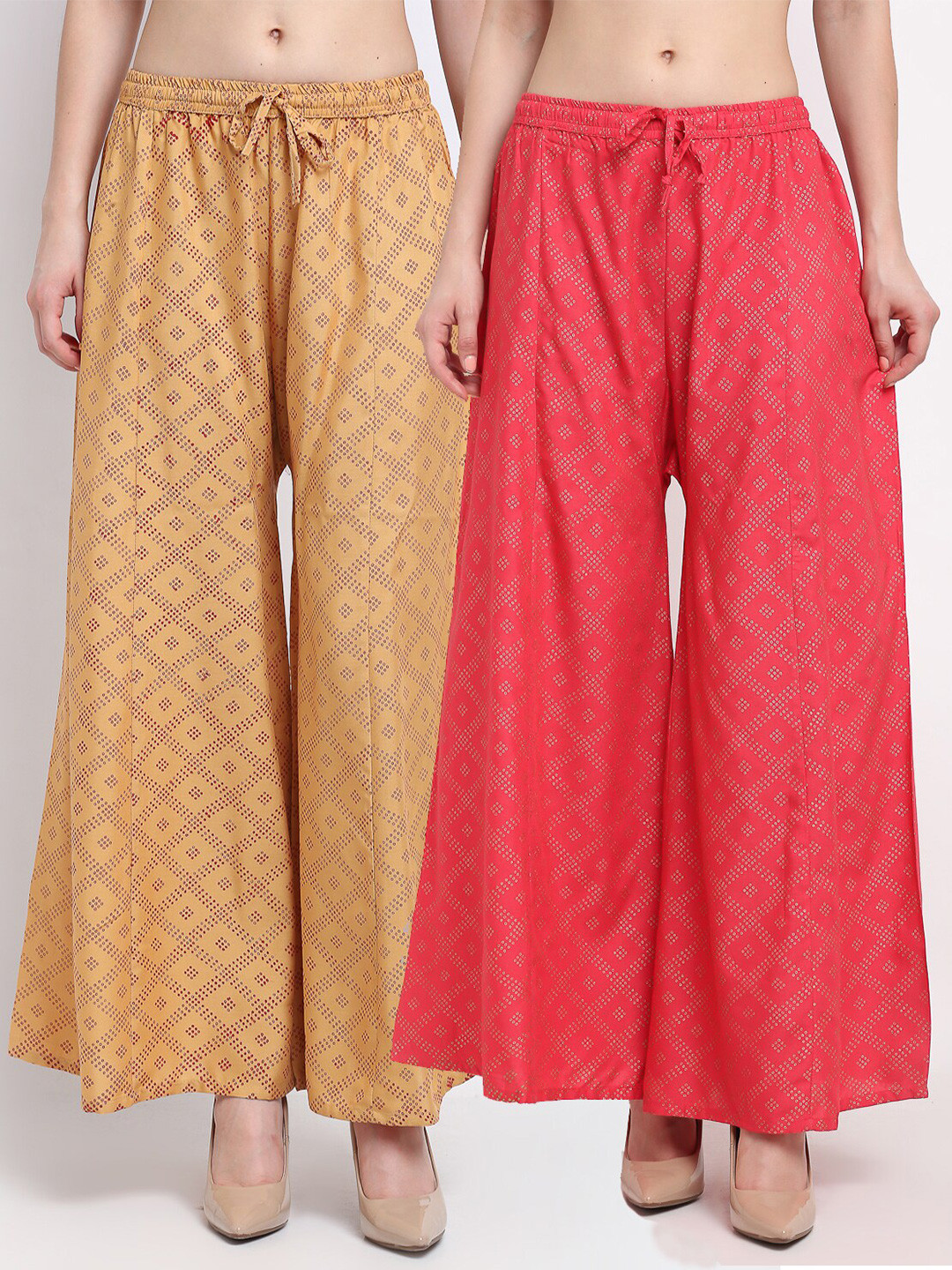 

Jinfo Women Beige & Orange Pack of 2 Ethnic Motifs Printed Flared Ethnic Palazzos