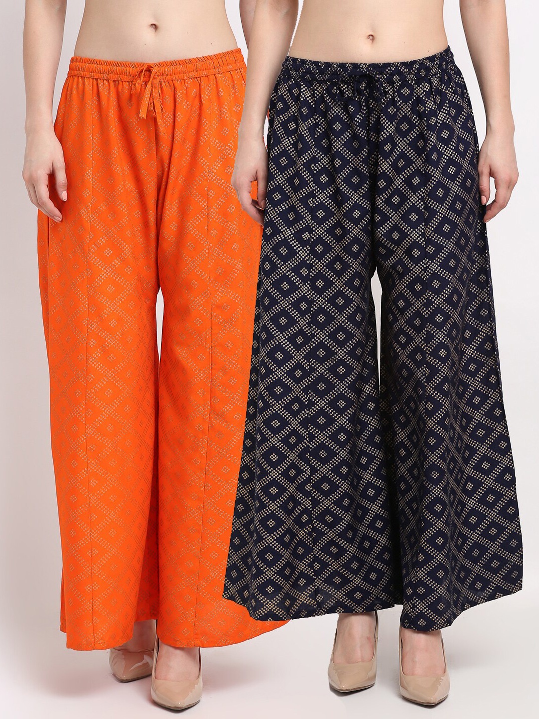 

Jinfo Women Orange & Navy Blue Pack of 2 Ethnic Motifs Printed Flared Palazzos