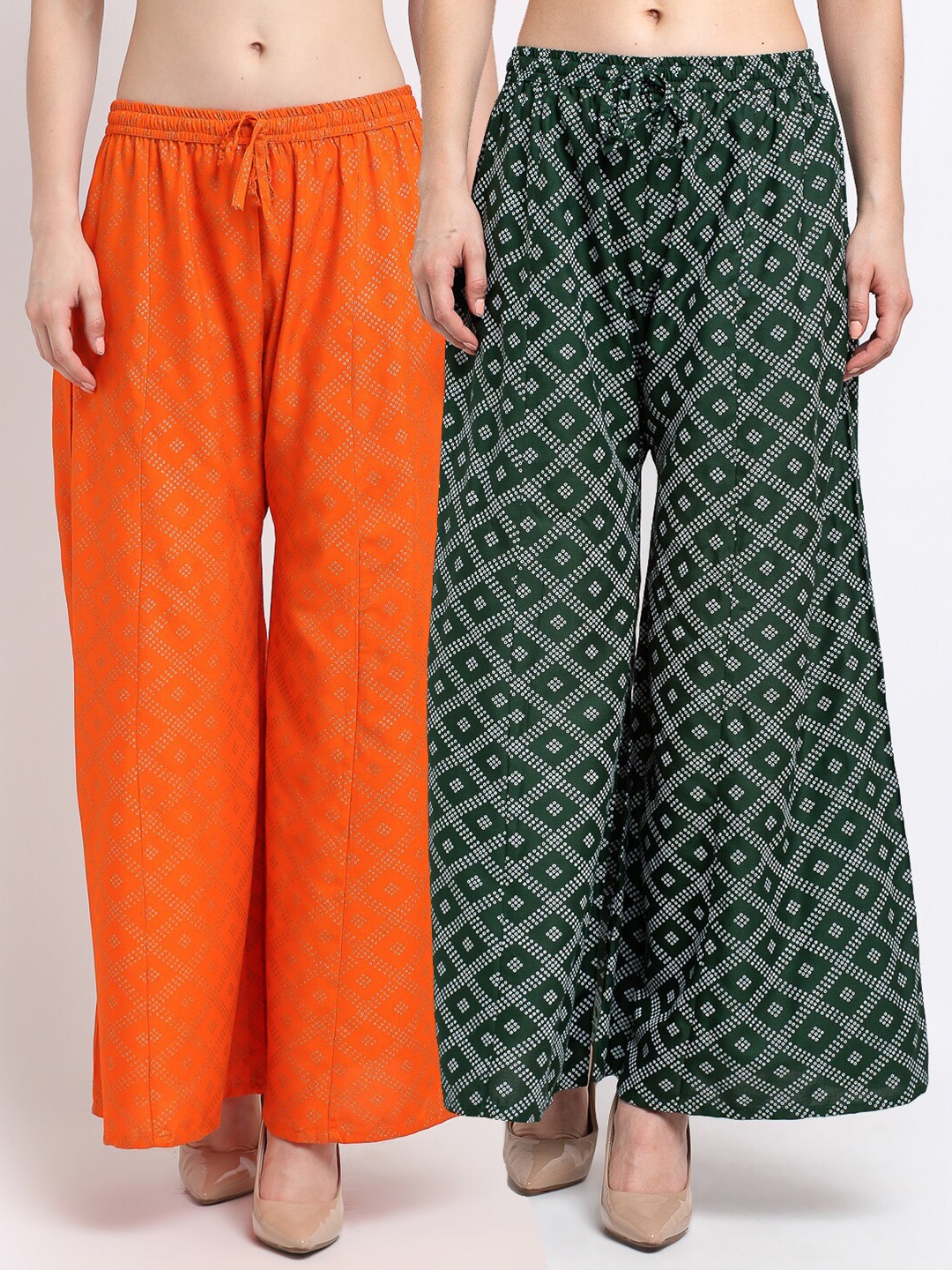 

Jinfo Women Orange & Green Set Of 2 Printed Flared Ethnic Palazzos