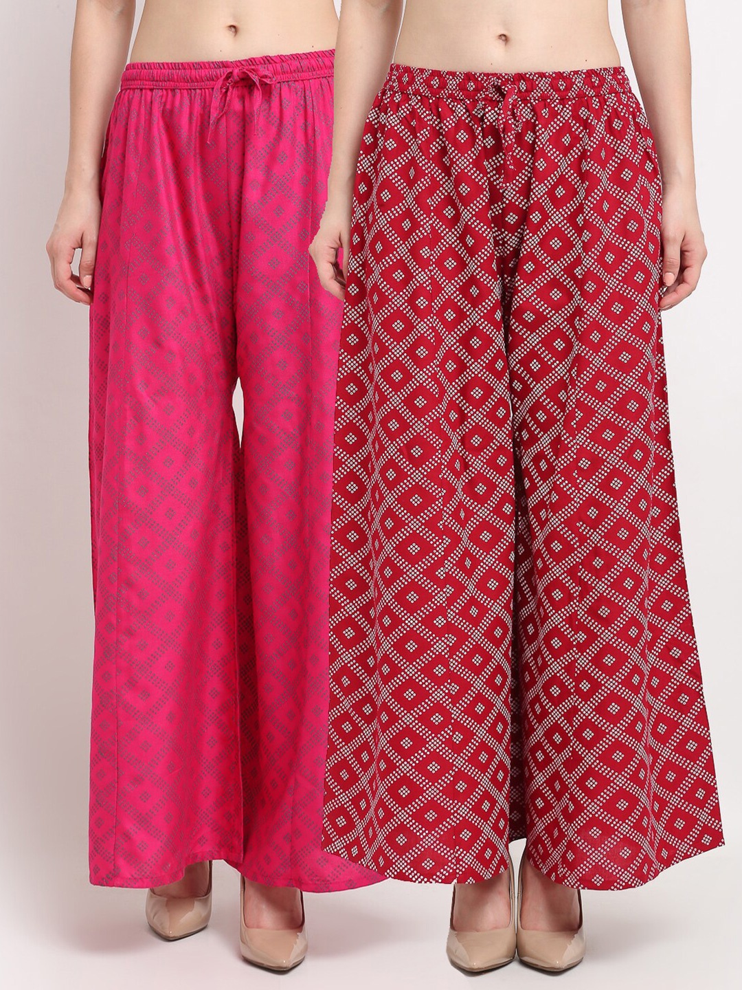

Jinfo Women Pink & Maroon Set Of 2 Printed Flared Knitted Ethnic Palazzos