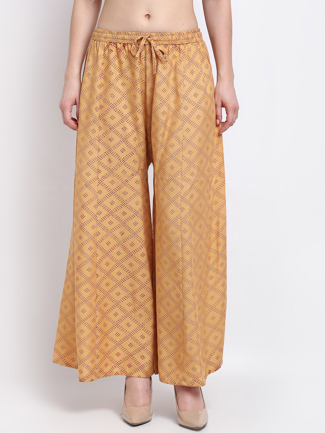 

Jinfo Women Beige Printed Flared Knitted Ethnic Palazzos