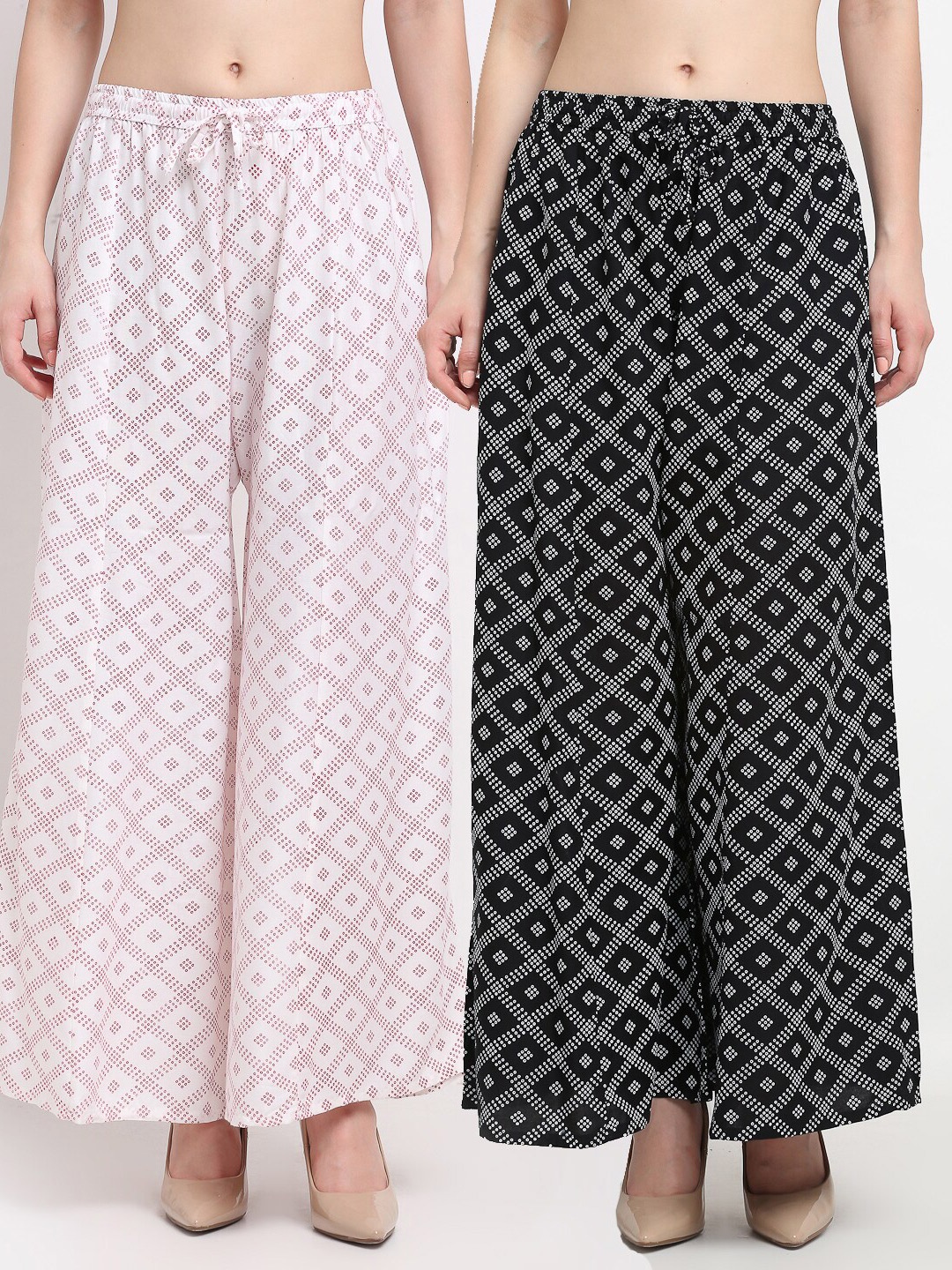 

Jinfo Women Black & White Pack Of 2 Block Printed Flared Fit Palazzos