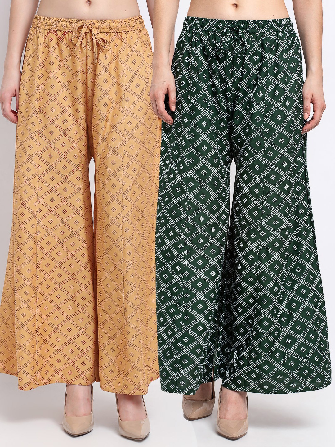 

Jinfo Women Beige & Green Set Of 2 Printed Flared Ethnic Palazzos