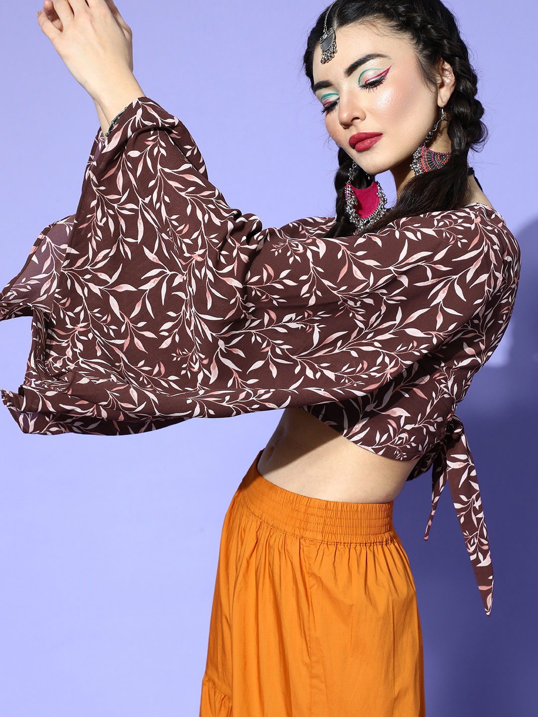 

Inddus Women Chic Brown Floral Ethnic Fusion Top
