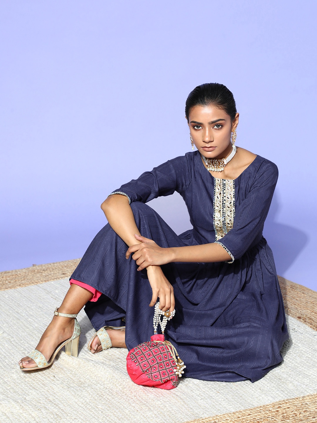 

Inddus Stunning Blue Cotton All in the Details Kurta