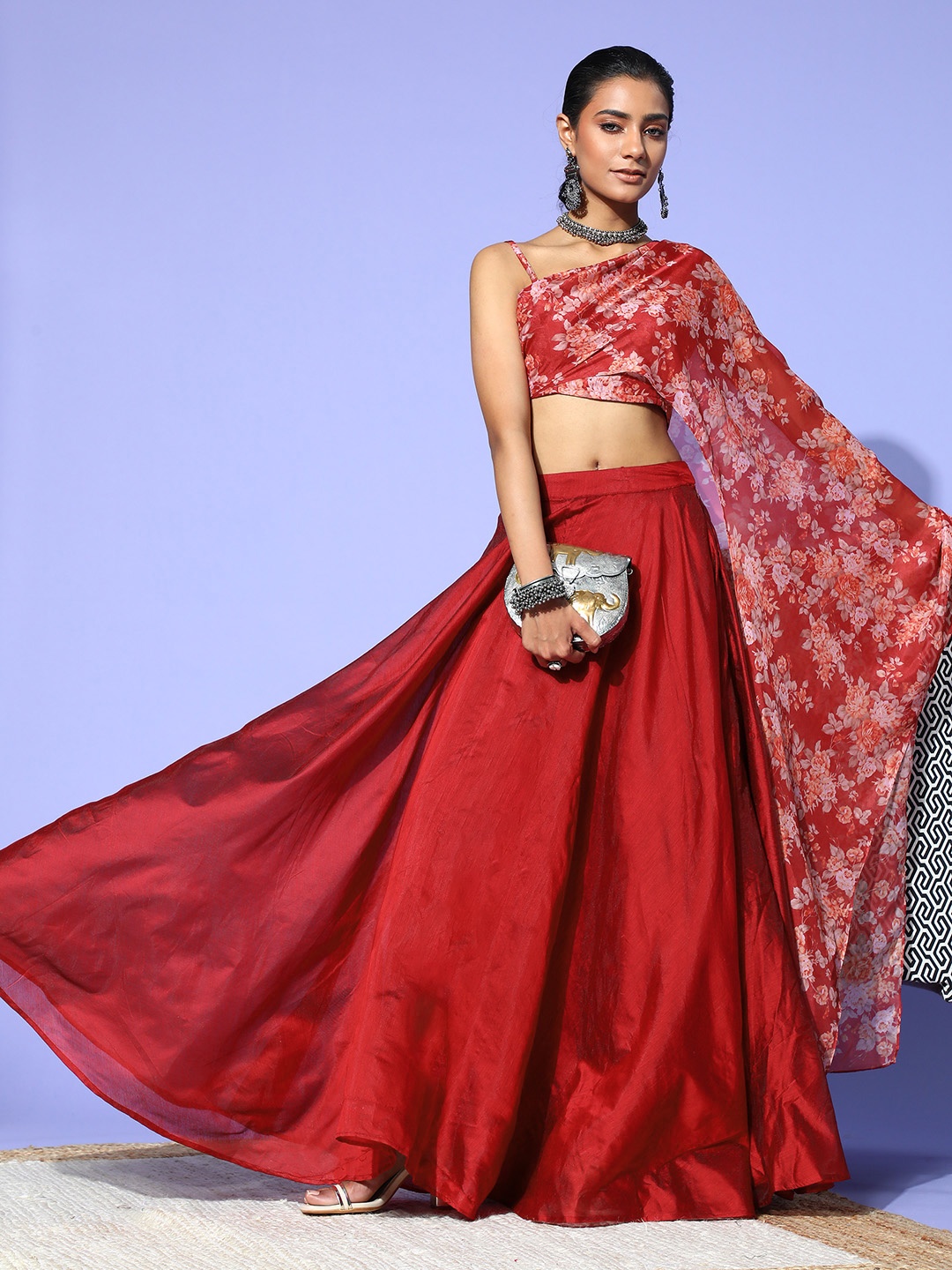 

Inddus Women Charming Maroon Printed Top with Solid Skirt
