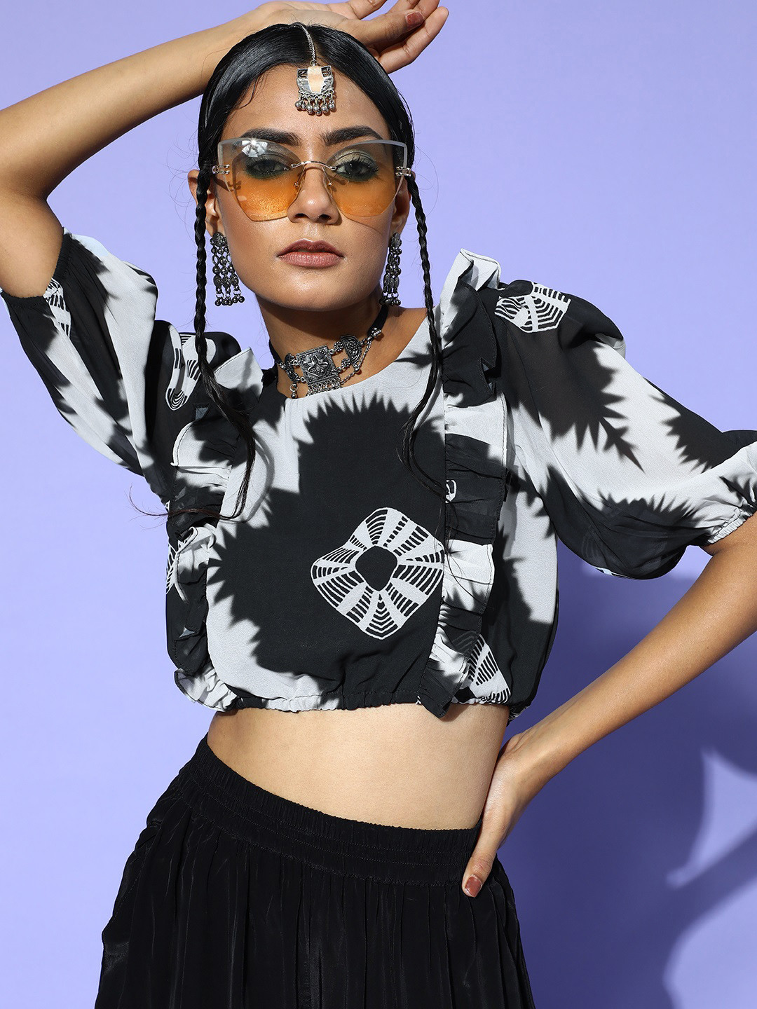 

Inddus Women Stylish Black Tie and Dye Ethnic Fusion Top