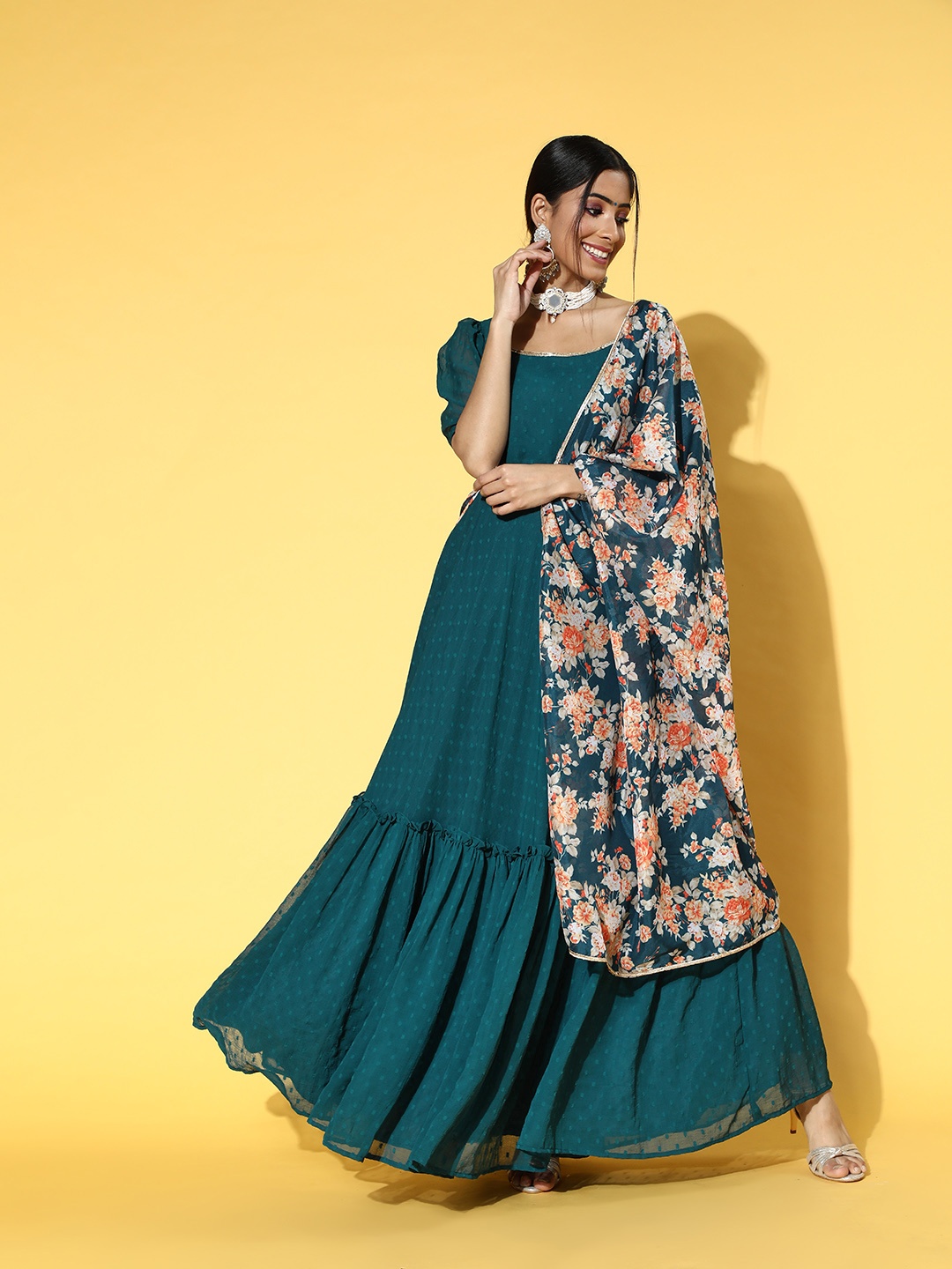 

Inddus Women Teal Green & Dobby Weave Ruffled Anarakali Kurta with Floral Dupatta & Belt