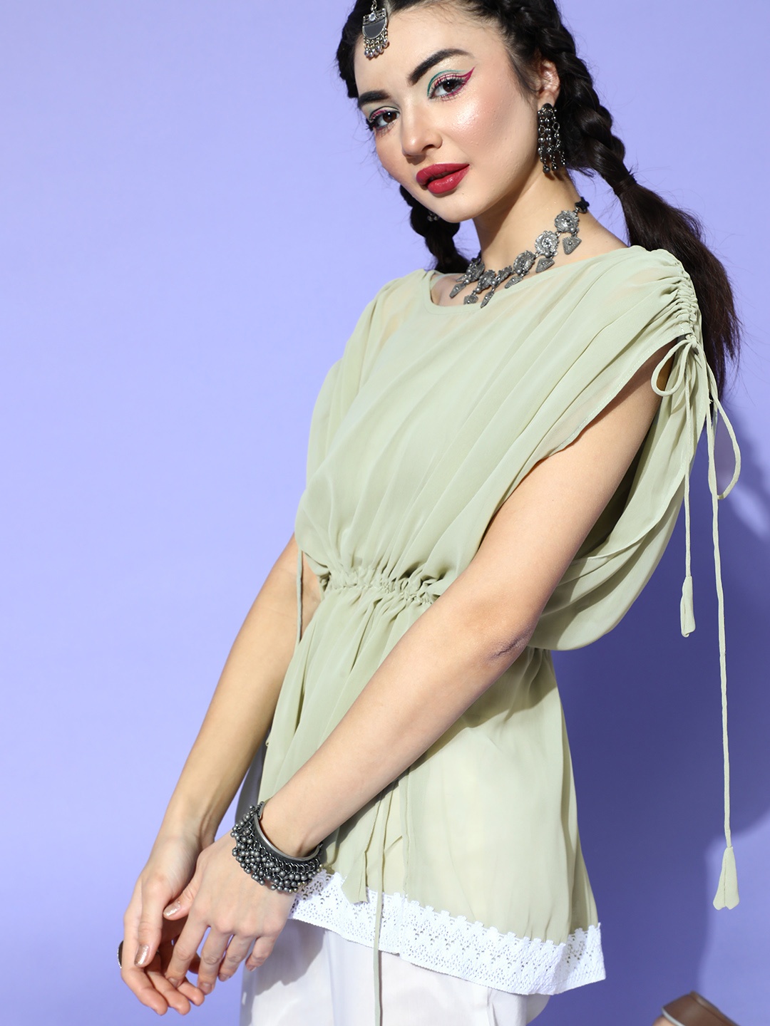 

Inddus Women Gorgeous Green Solid Ethnic Fusion Top