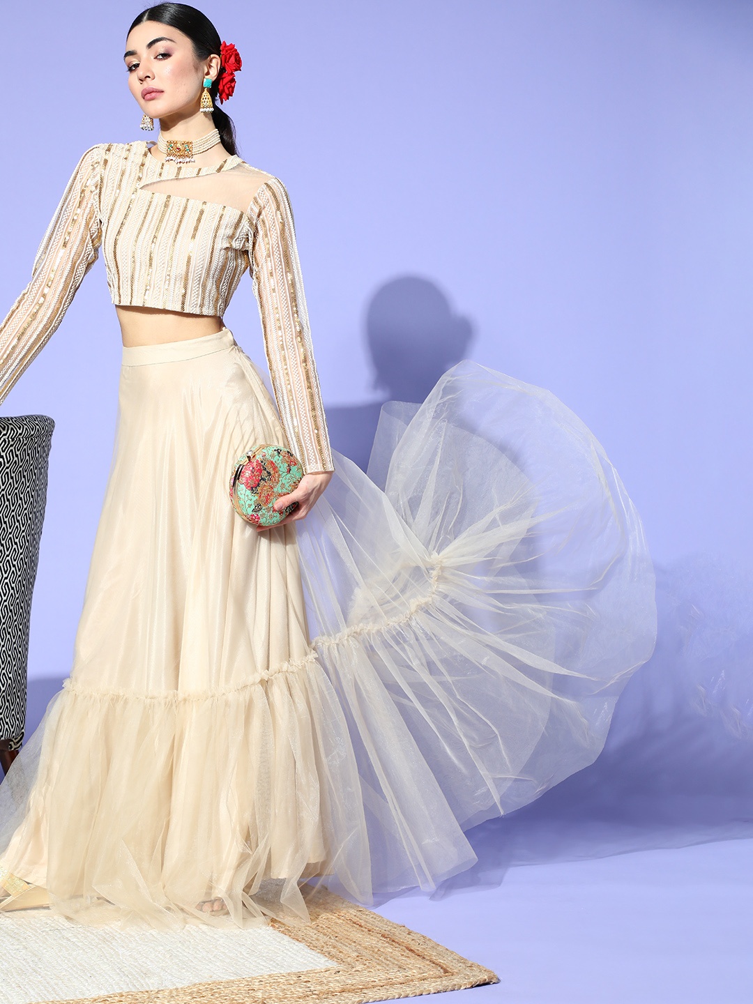 

Inddus Women Classy Cream Embellished Top with Solid Skirt