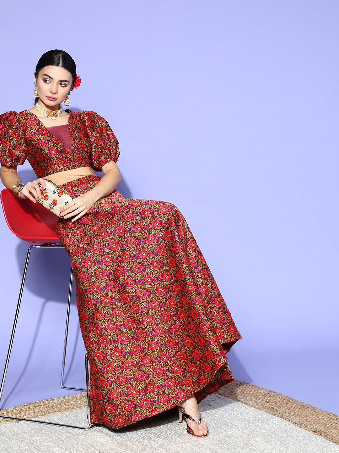 

Inddus Women Deep Burgundy Printed Top with Skirt