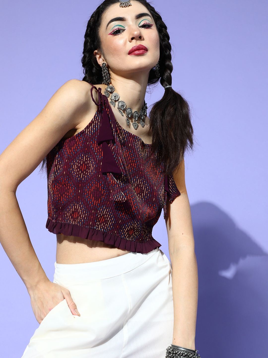 

Inddus Women Elegant Mauve Geometric Ethnic Fusion Top