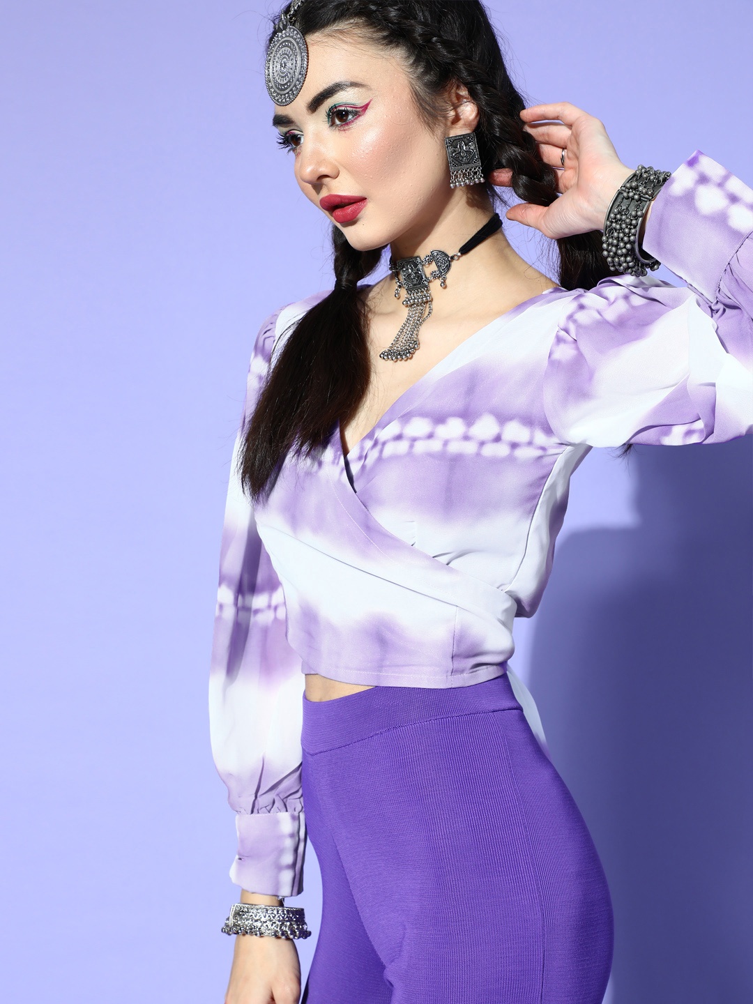 

Inddus Women Elegant Lavender Tie and Dye Ethnic Fusion Top