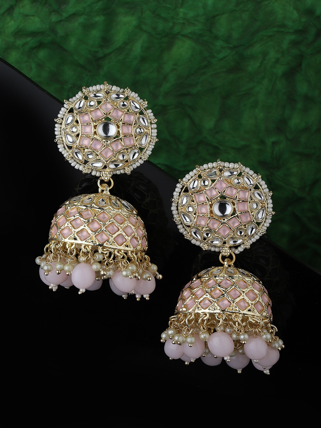 

KOLHA-BY CARLTON Gold-Plated & Pink Dome Shaped Jhumkas Earrings