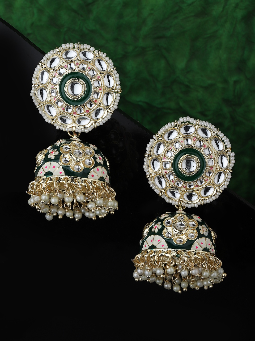 

KOLHA-BY CARLTON Gold-Plated & Green Dome Shaped Jhumkas Earrings