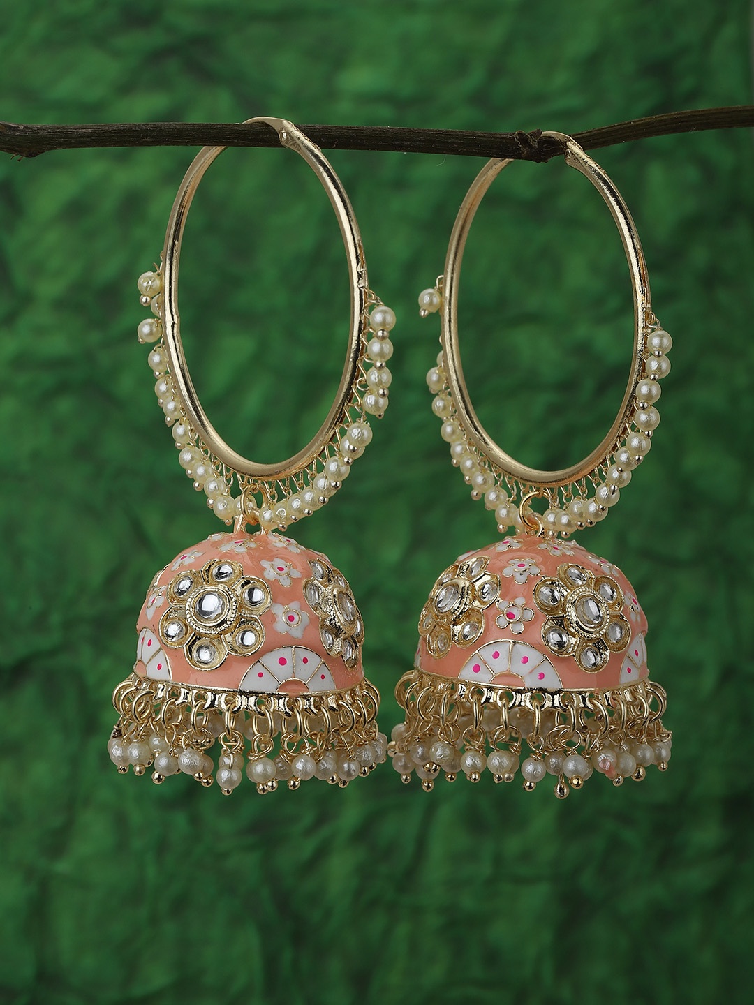 

KOLHA-BY CARLTON Gold-Plated & Pink Dome Shaped Jhumkas Earrings