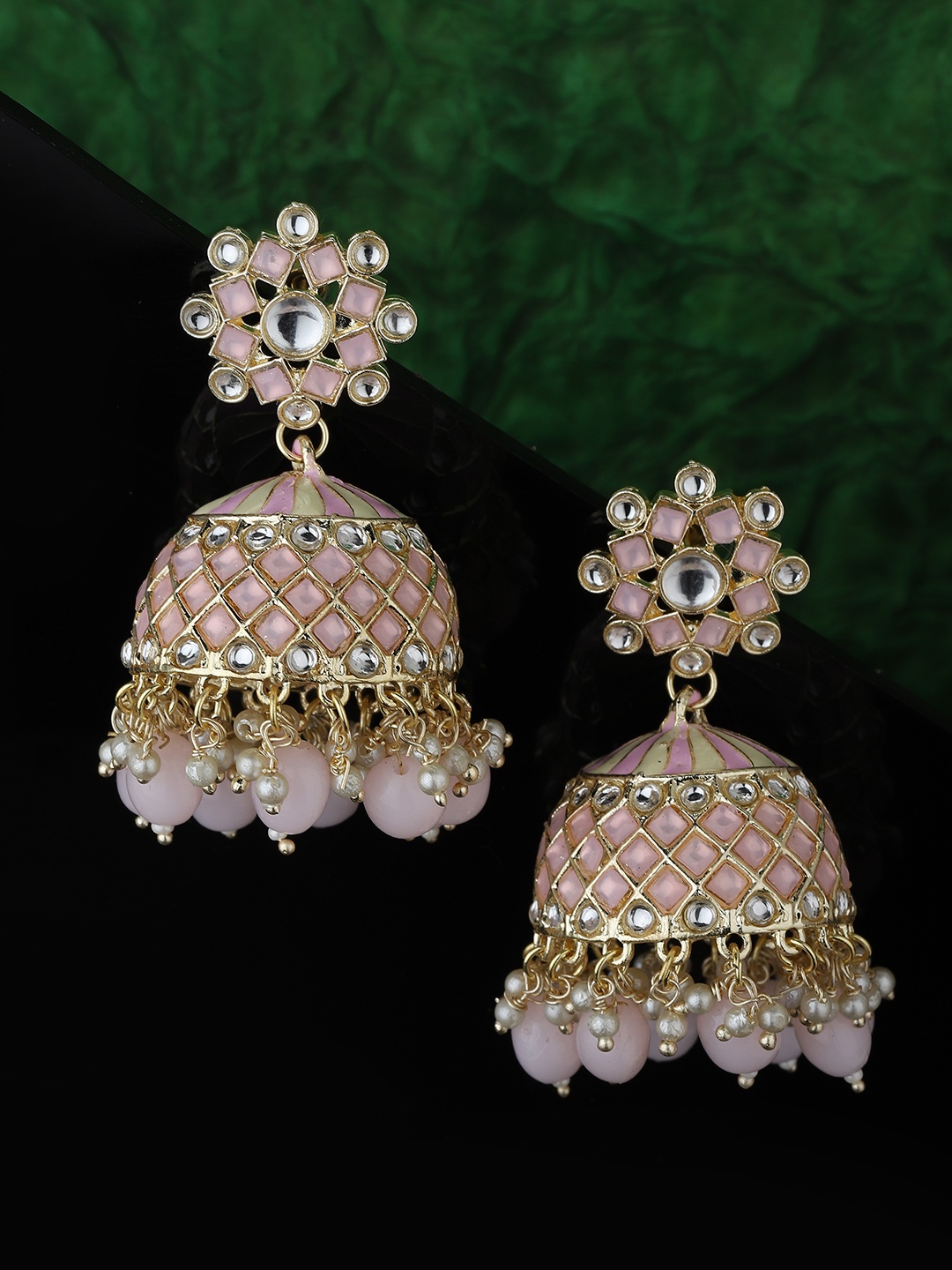 

KOLHA-BY CARLTON Gold-Plated & Pink Dome Shaped Jhumkas Earrings