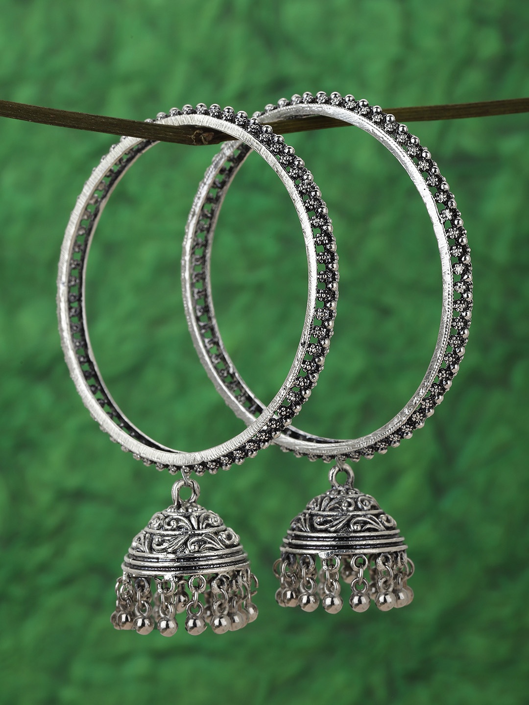 

KOLHA-BY CARLTON Set of 2 Silver-Plated Oxidised Dome-Dhaped Dangler Detail Bangles