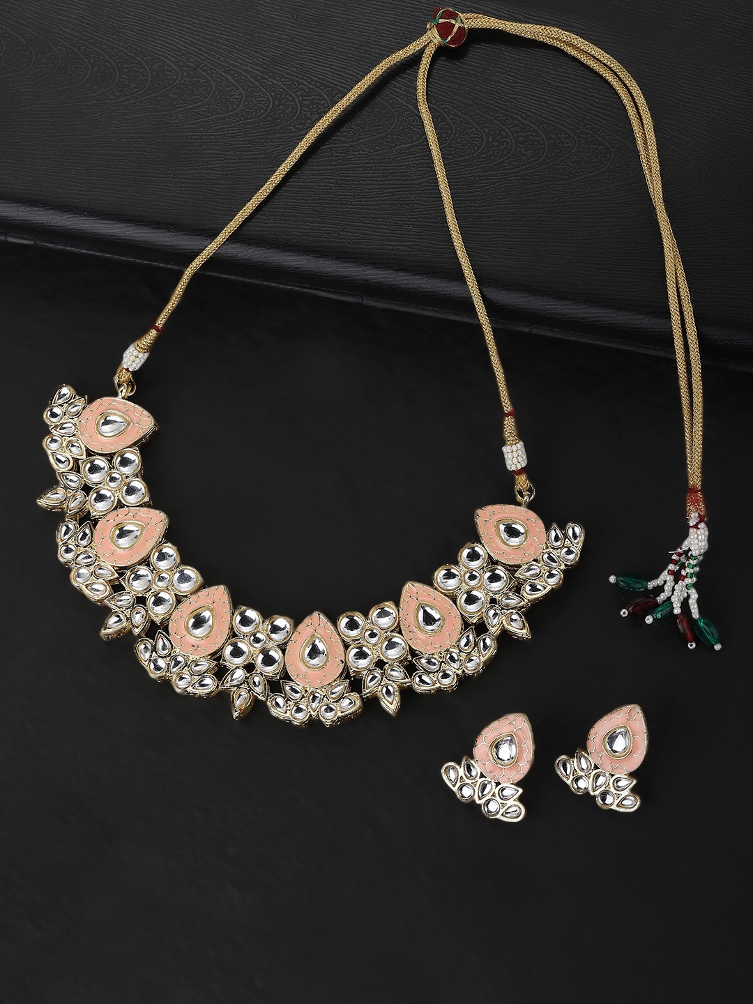 

KOLHA-BY CARLTON Peach-Coloured Gold-Plated Kundan-Studded Enamelled Jewellery Set
