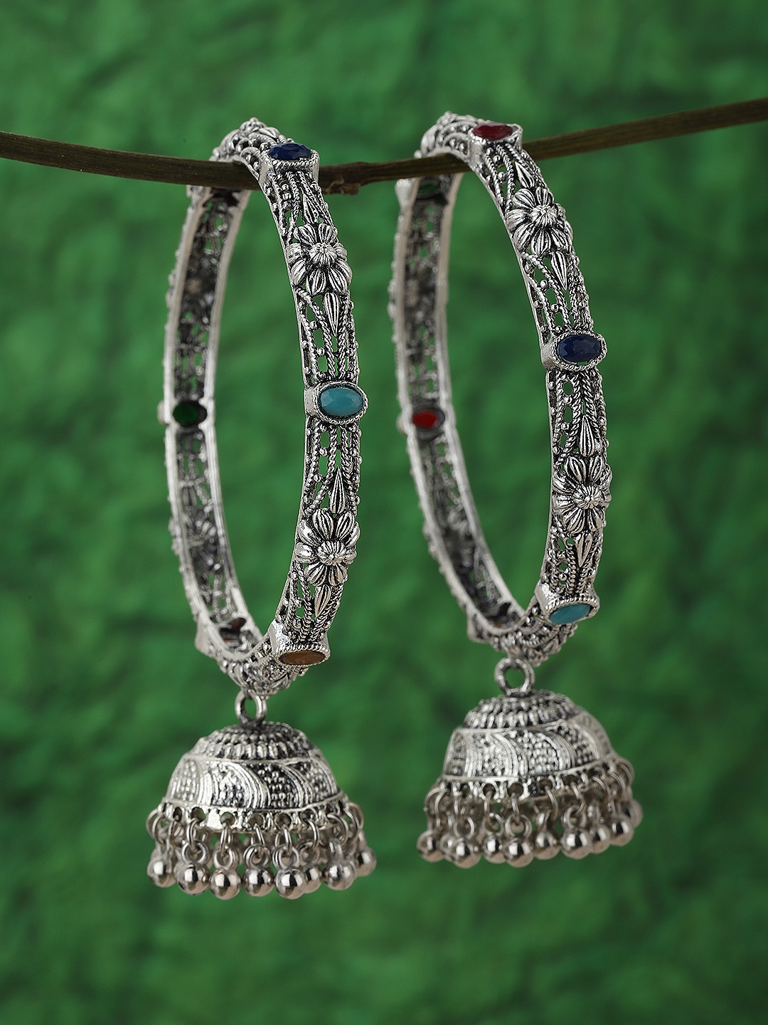 

KOLHA-BY CARLTON Set of 2 Silver-Plated Oxidised Dome-Dhaped Dangler Beaded Bangles