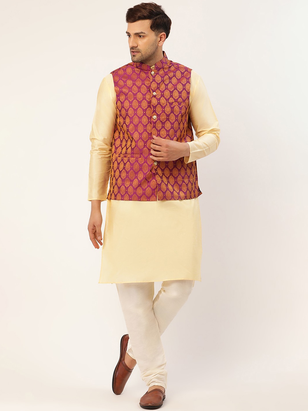 

Jompers Men Pink & Cream-Coloured Kurta With Pyjamas & Nehru Jacket