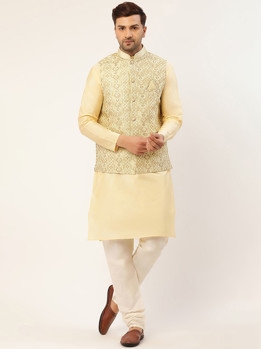 

Jompers Men Pista Green & Beige Kurta with Churidar With Embroidered Nehru Jacket