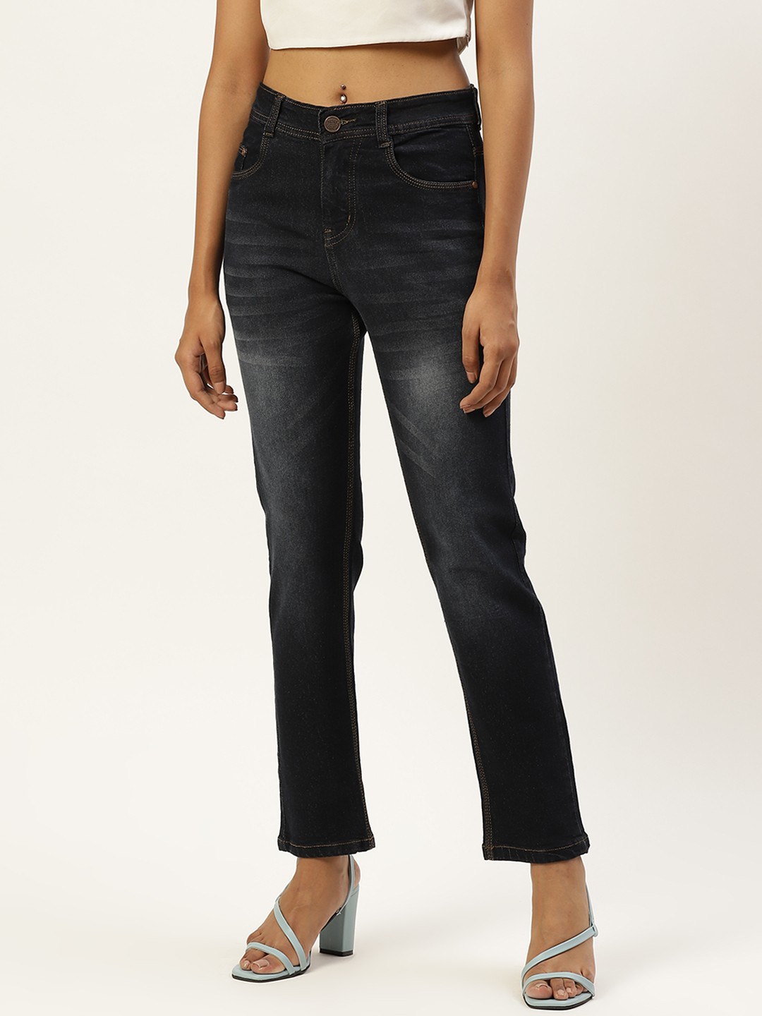 

PARIS HAMILTON Women Navy Blue Boyfriend Fit High-Rise Heavy Fade Stretchable Jeans