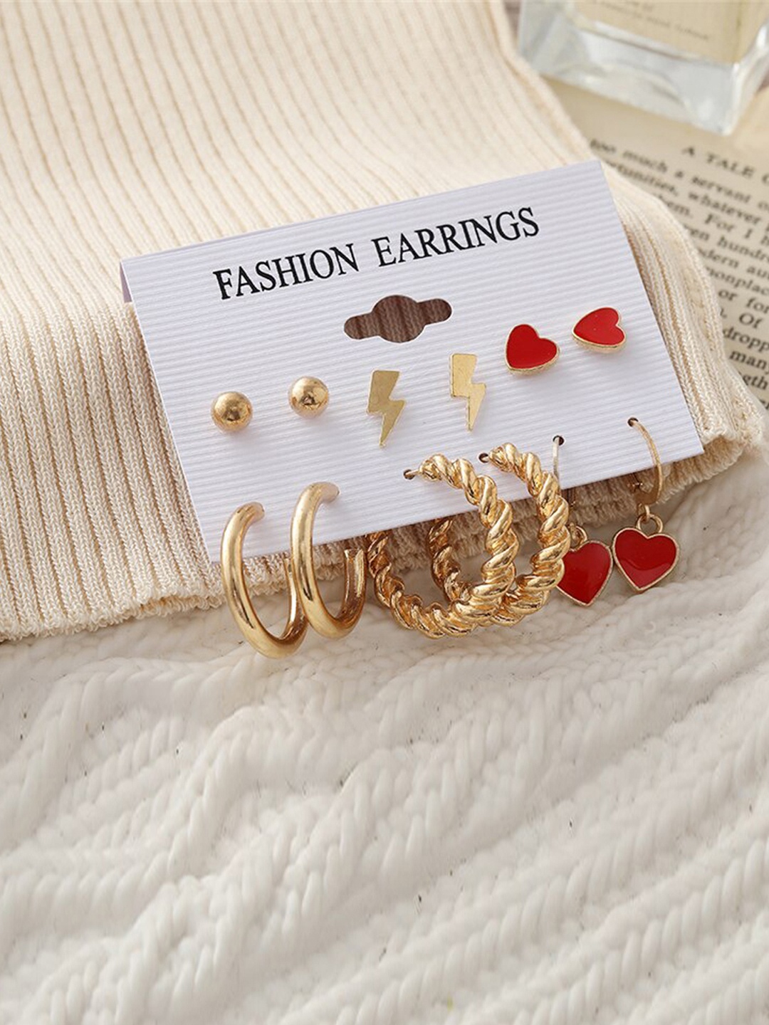 

Jewels Galaxy Gold-Toned & Red Set of 6 Classic Earrings
