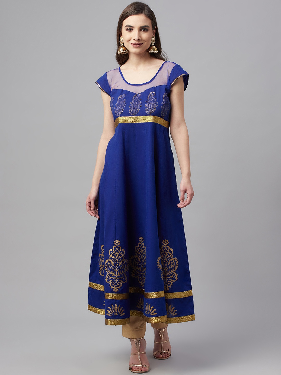 

MBE Women Blue & Gold-Toned Printed Anarkali Kurta