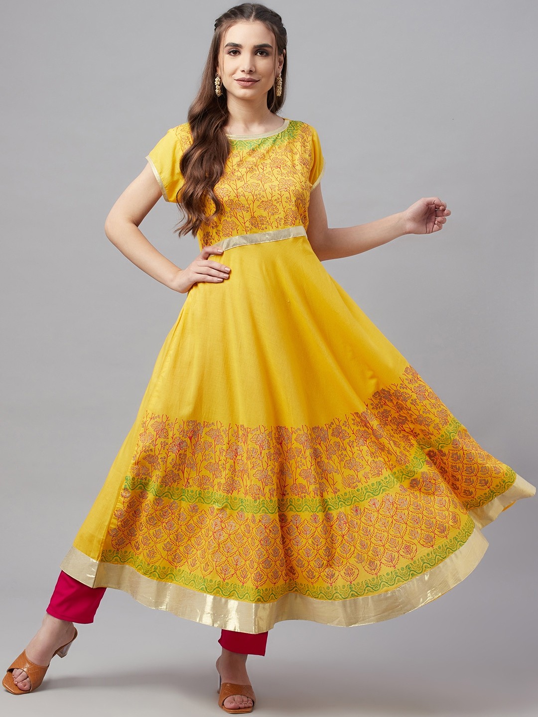

MBE Women Yellow & Red Floral Printed Anarkali Kurta