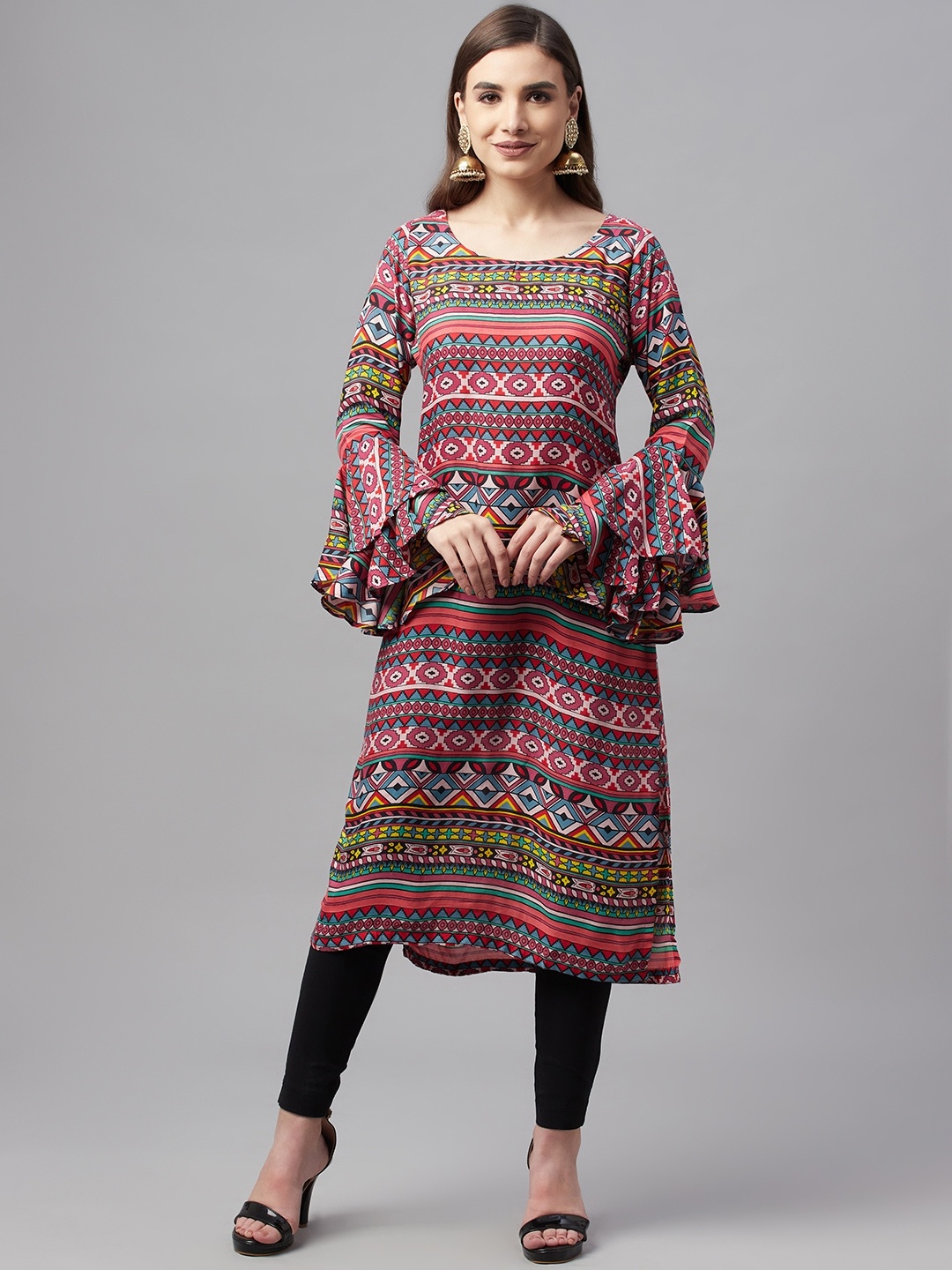 

MBE Women Multicoloured Printed Bell Sleeves Kurta, Multi