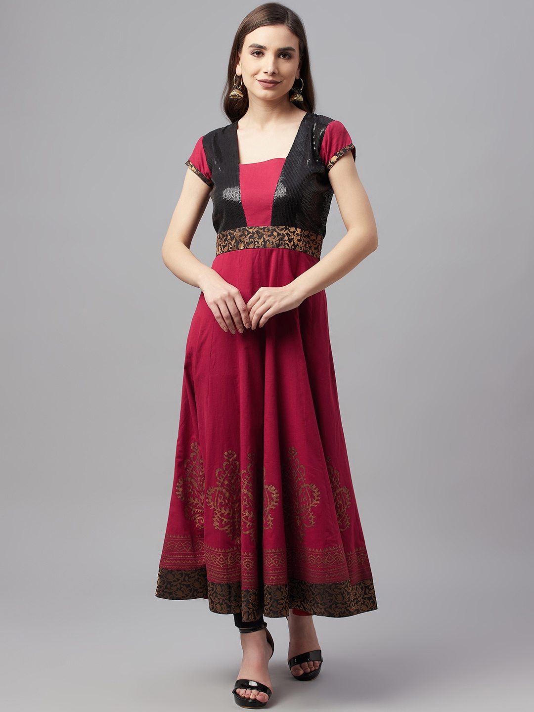 

MBE Women Maroon & Gold-Toned Colourblocked Block Print Kurta