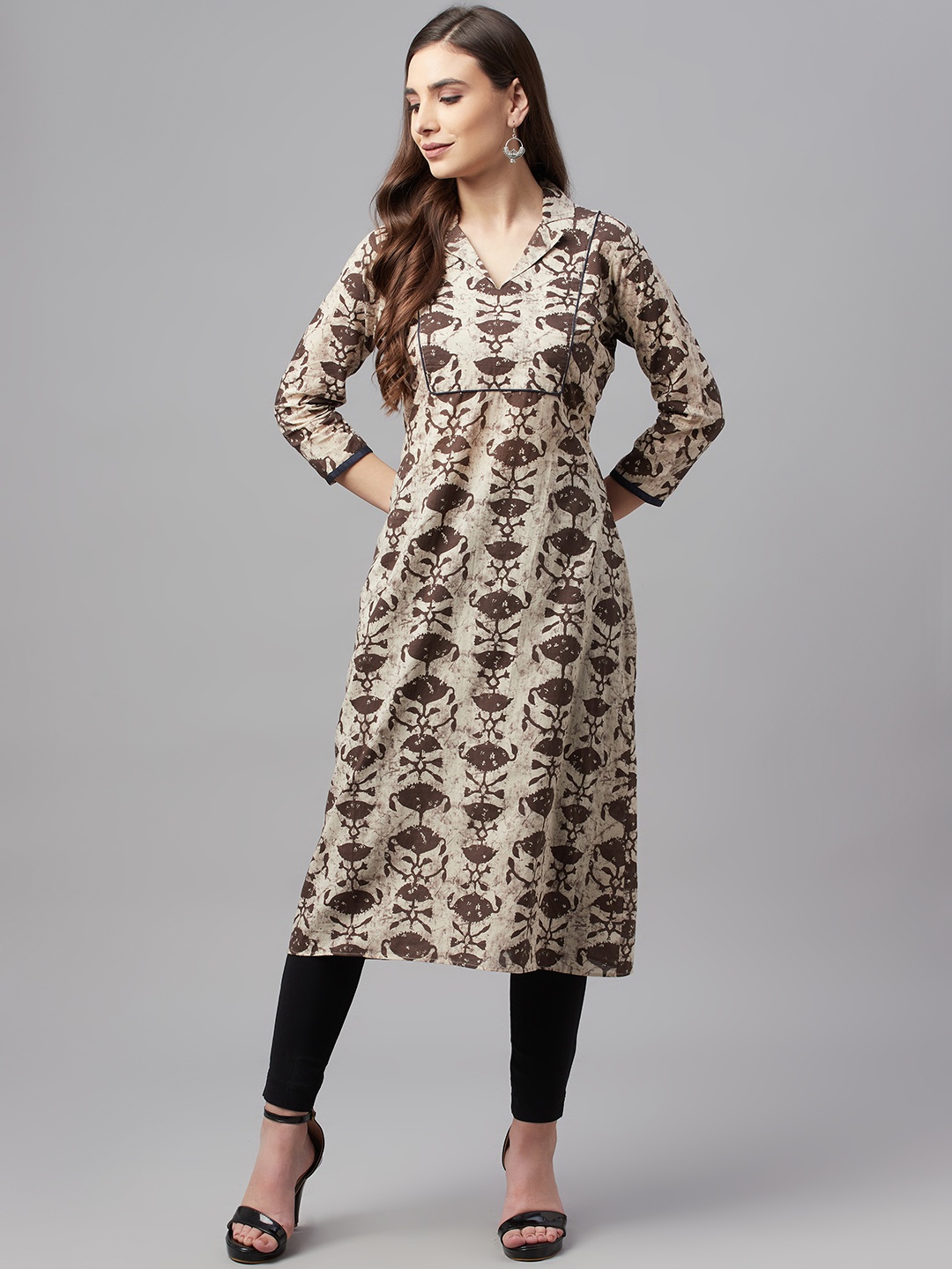 

MBE Women Brown & Beige Floral Printed Shawl Neck Floral Kurta