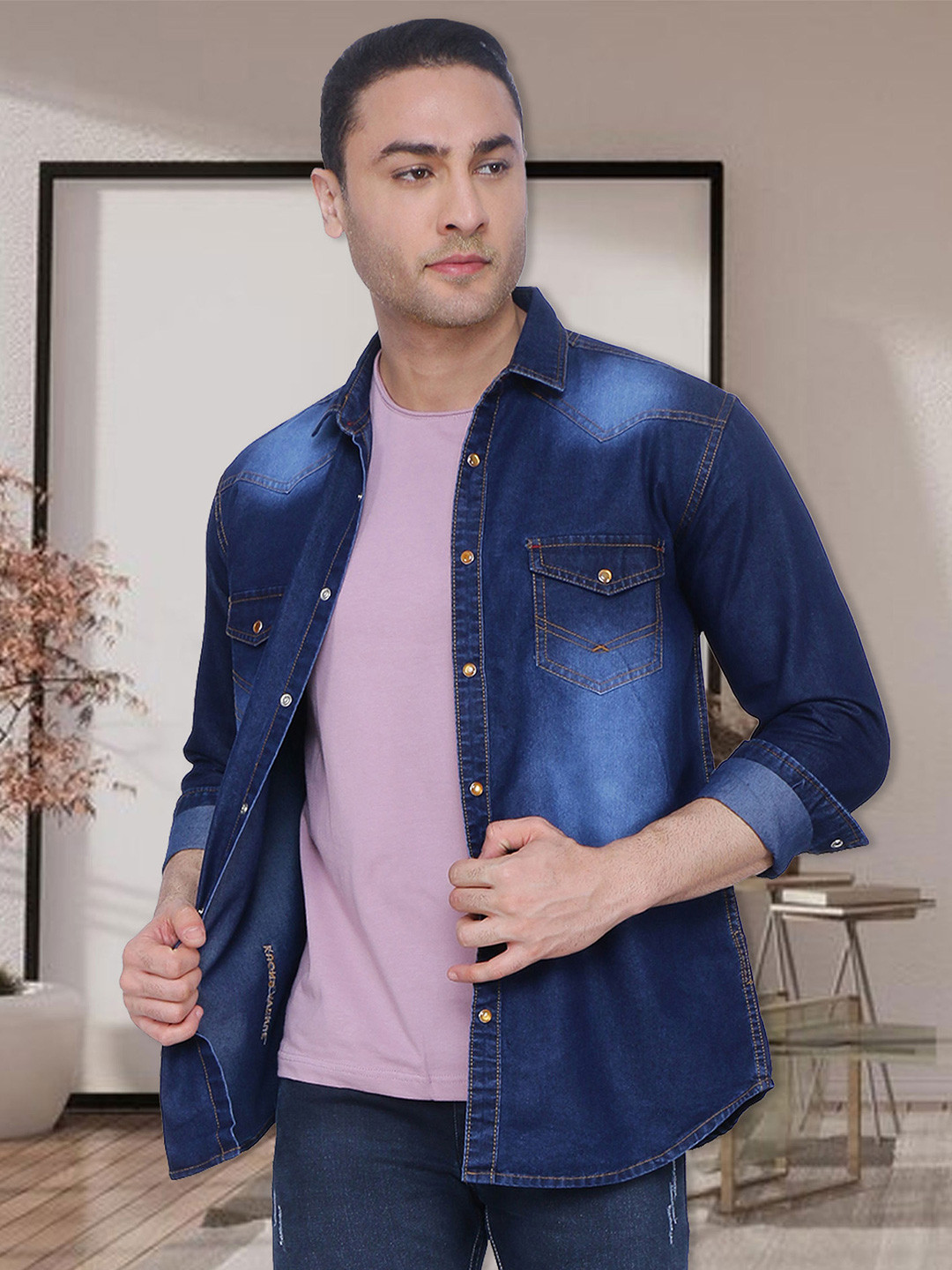 

Kuons Avenue Men Blue Smart Slim Fit Faded Casual Denim Shirt
