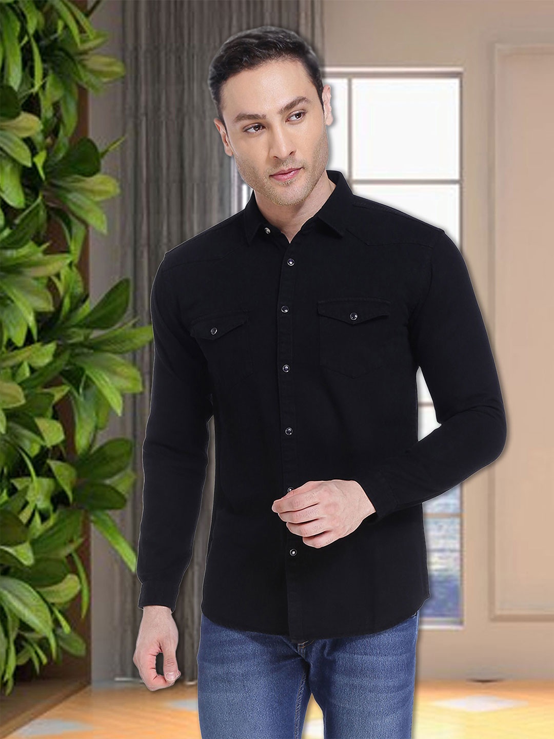 

Kuons Avenue Men Black Smart Slim Fit Casual Cotton Denim Shirt