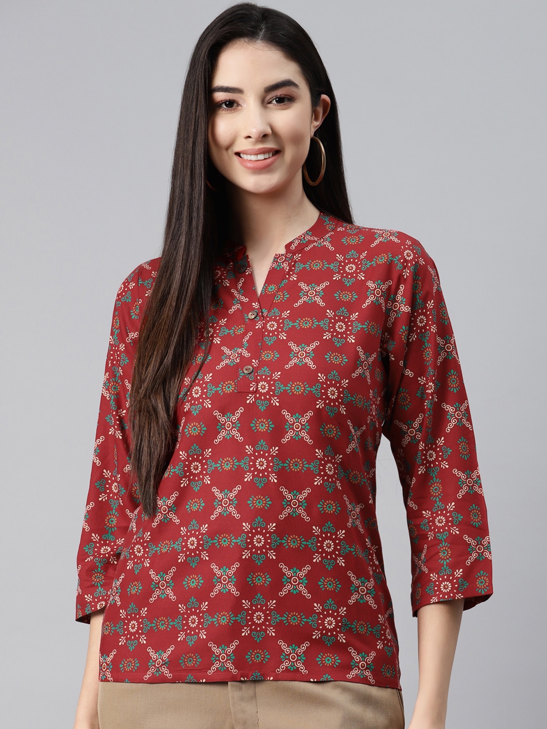 

MALHAAR Red & Green Ethnic Motifs Printed Kurti
