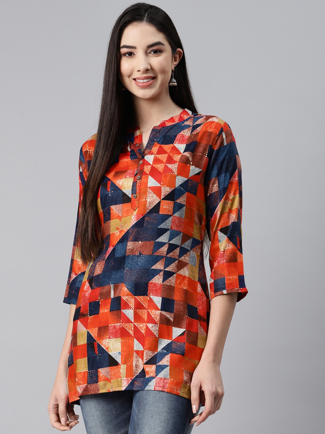 

MALHAAR Red & Navy Blue Geometric Printed Kurti
