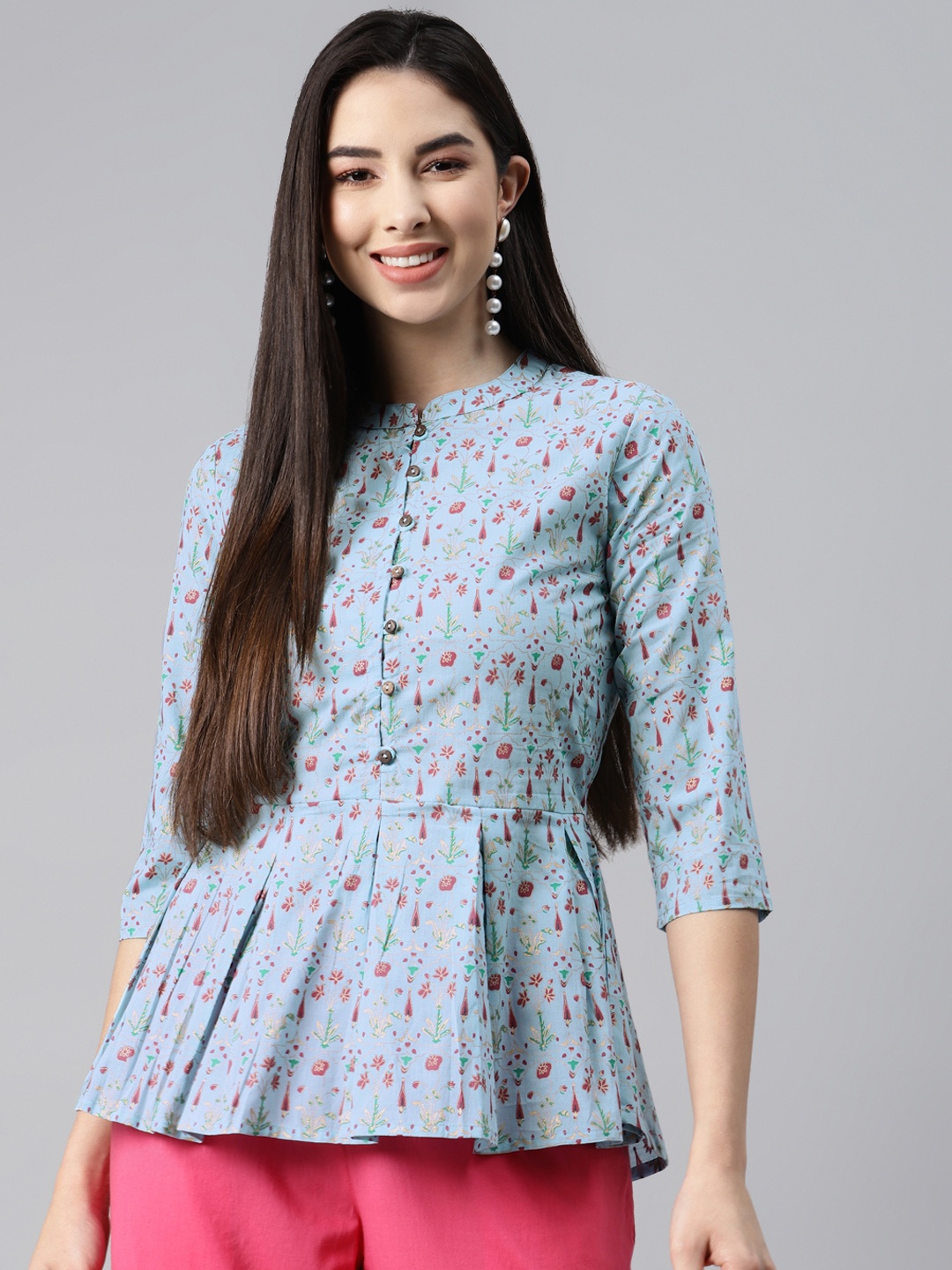 

MALHAAR Blue Ethnic Motifs Printed Cambric Pleated Kurti