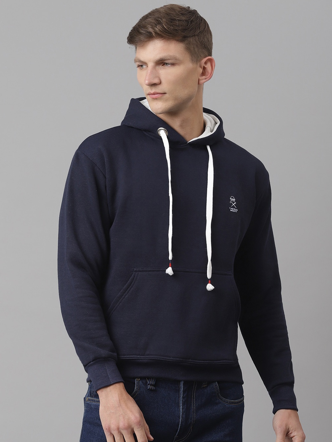 

Thomas Scott Men Blue Hooded Cotton Knitted Sustainable Sweatshirt