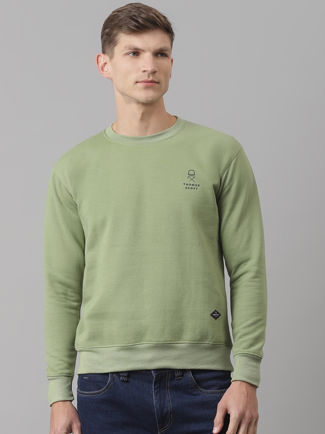 

Thomas Scott Men Green Solid Casual Pullover Sustainable Sweatshirt